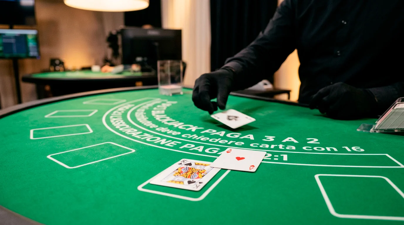 Tavolo di blackjack live con carte distribuite e cashier Postepay aperto in secondo piano