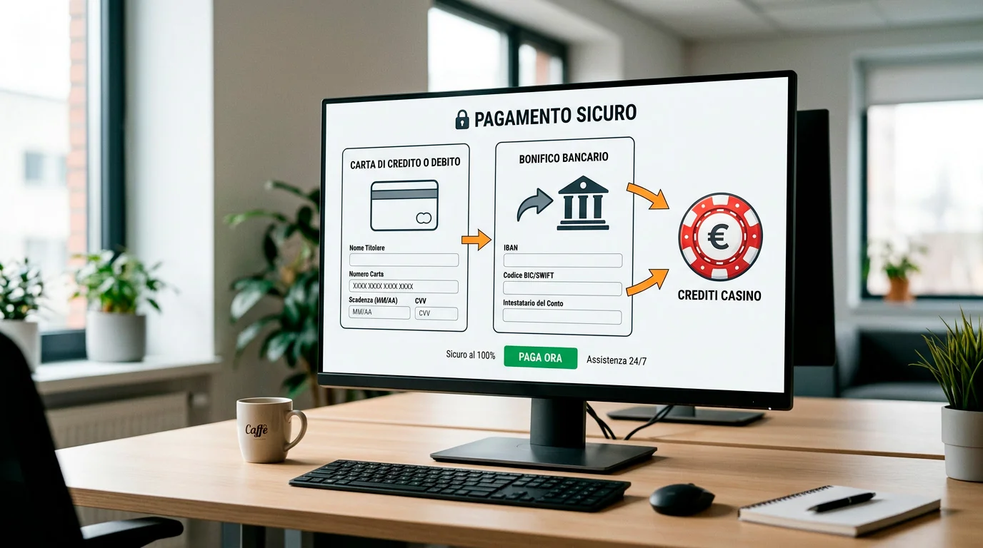 Schema comparativo dei due flussi di pagamento verso un casinò ADM, lato cassa con icone neutre per il flusso carta e per il flusso bonifico da IBAN