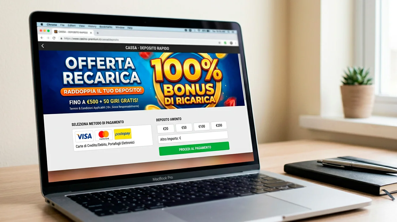 Schermata di una cassa di casinò ADM con riquadro promozionale di un bonus ricarica al secondo deposito