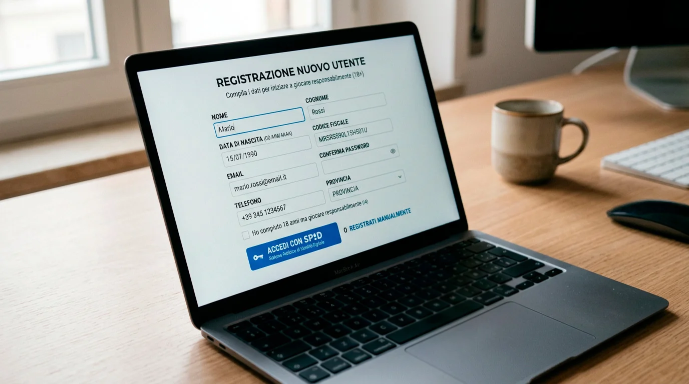Modulo di registrazione al casinò ADM con campi per codice fiscale, indirizzo e collegamento SPID