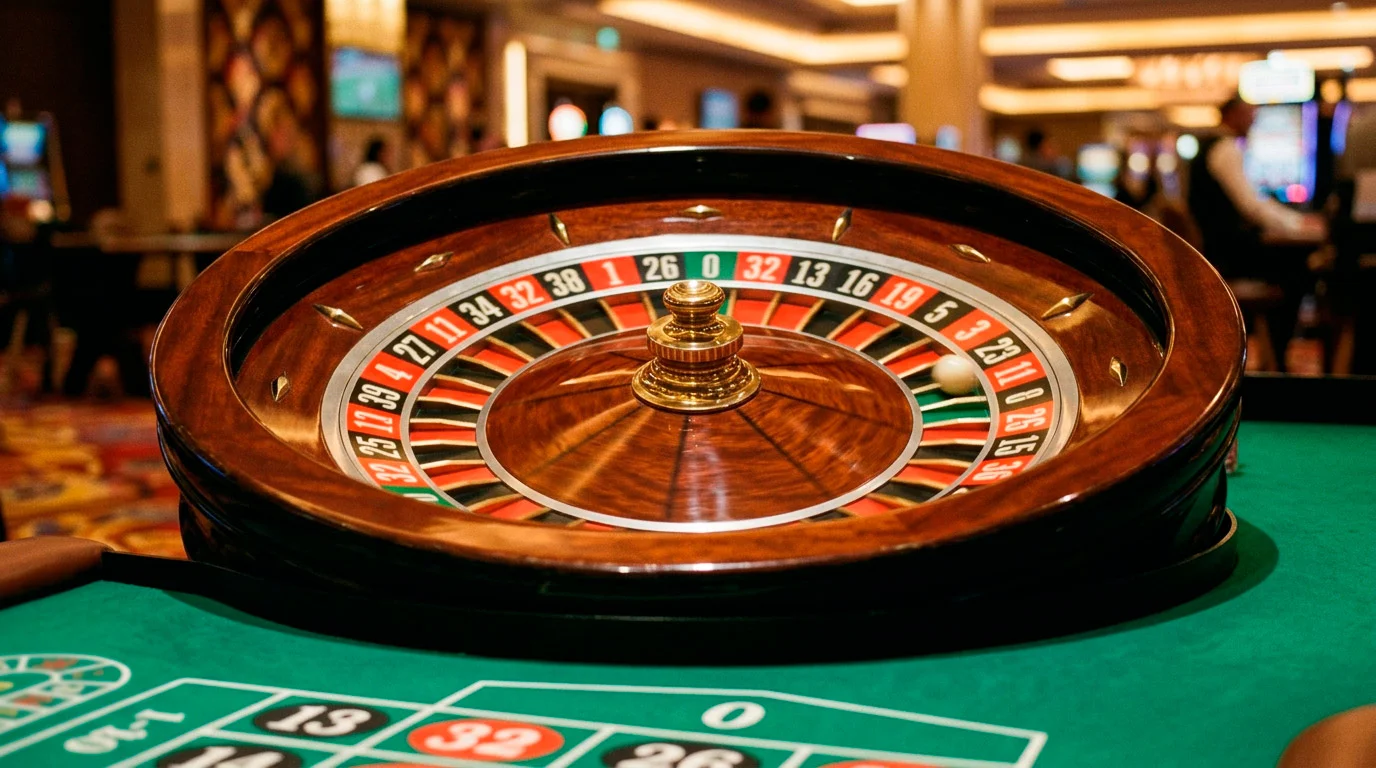 Ruota della roulette europea con pallina su un tavolo verde, vista frontale ravvicinata