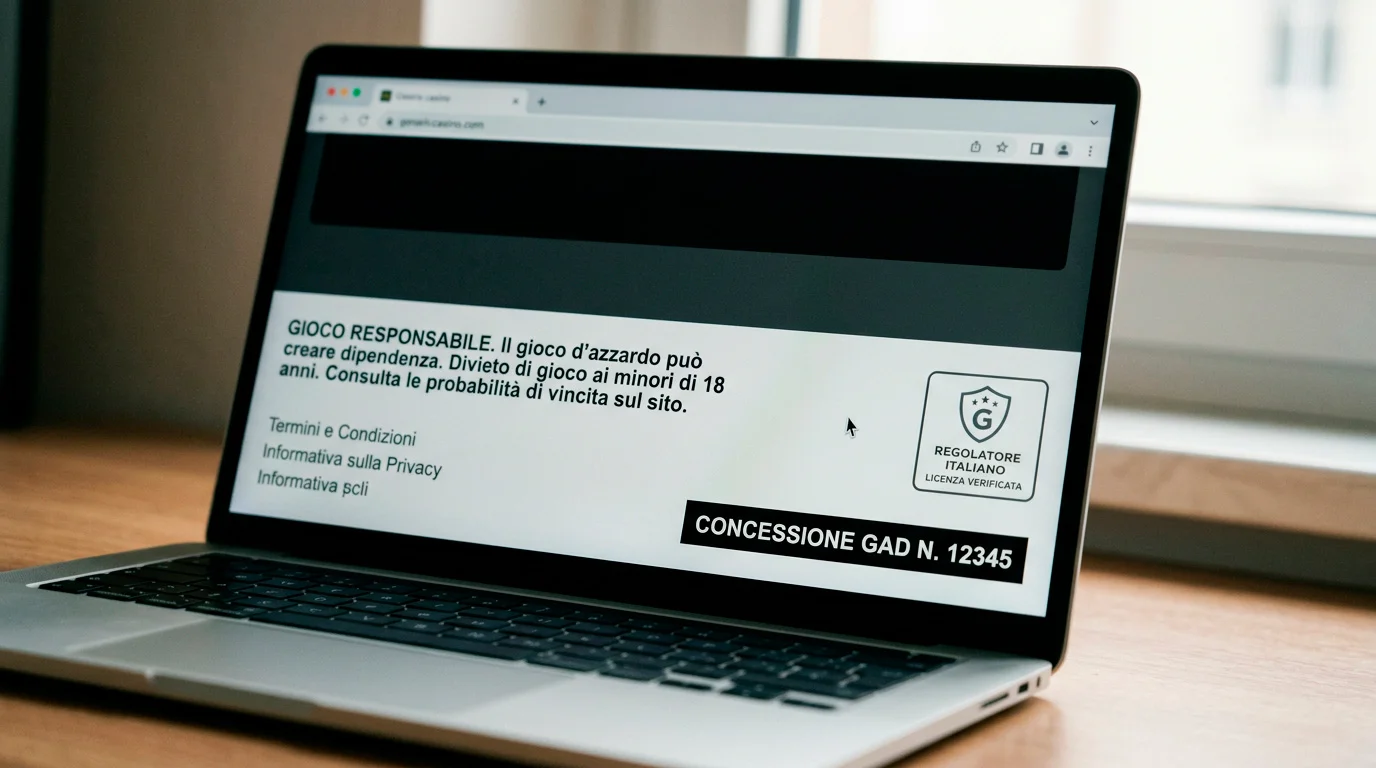Schermata di verifica del numero di concessione ADM sul footer di un sito di casinò