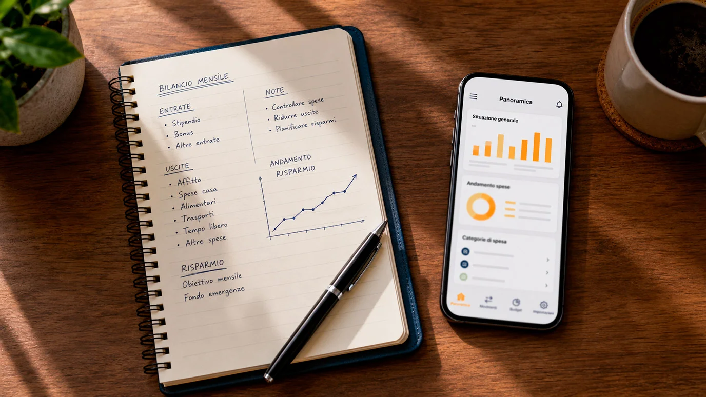 Quaderno aperto con appunti di pianificazione mensile del bankroll accanto a uno smartphone con app di gioco aperta