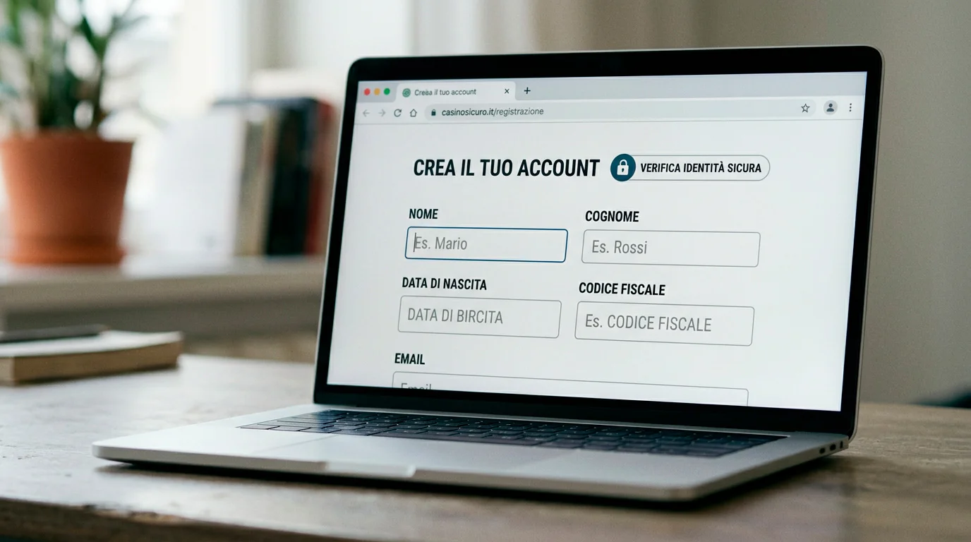 Schermata di registrazione su un casinò ADM con campi anagrafici e icona di lucchetto, a indicare l'obbligo di identificazione